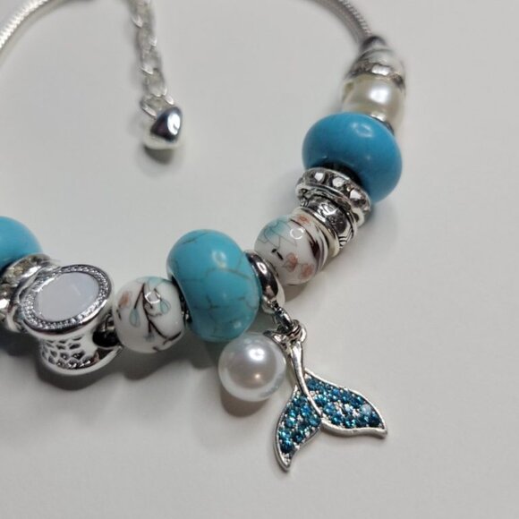 NWT Pandora Style Charm Bracelet Glitter Mermaids Tail Ceramic Beads Premium M/L - Picture 2 of 8